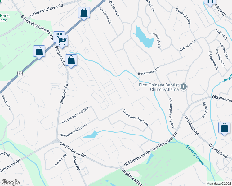map of restaurants, bars, coffee shops, grocery stores, and more near Hill Street in Norcross