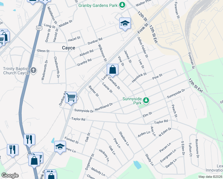 map of restaurants, bars, coffee shops, grocery stores, and more near 2342 Laurie Street in Cayce