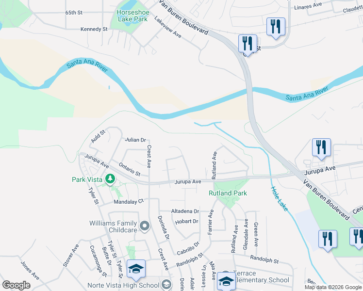 map of restaurants, bars, coffee shops, grocery stores, and more near 7220 Dimaggio Street in Riverside