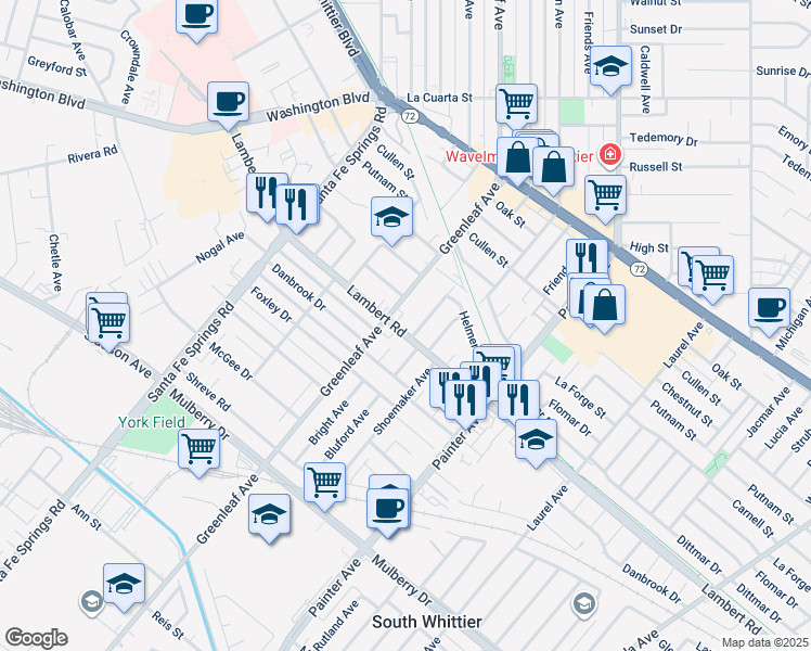 map of restaurants, bars, coffee shops, grocery stores, and more near 13025 Lambert Road in Whittier