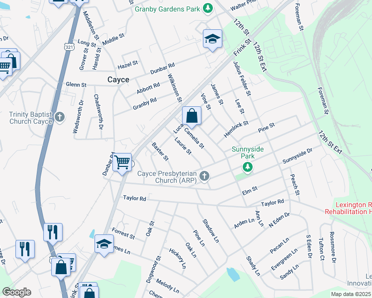 map of restaurants, bars, coffee shops, grocery stores, and more near 2325 Laurie Street in Cayce