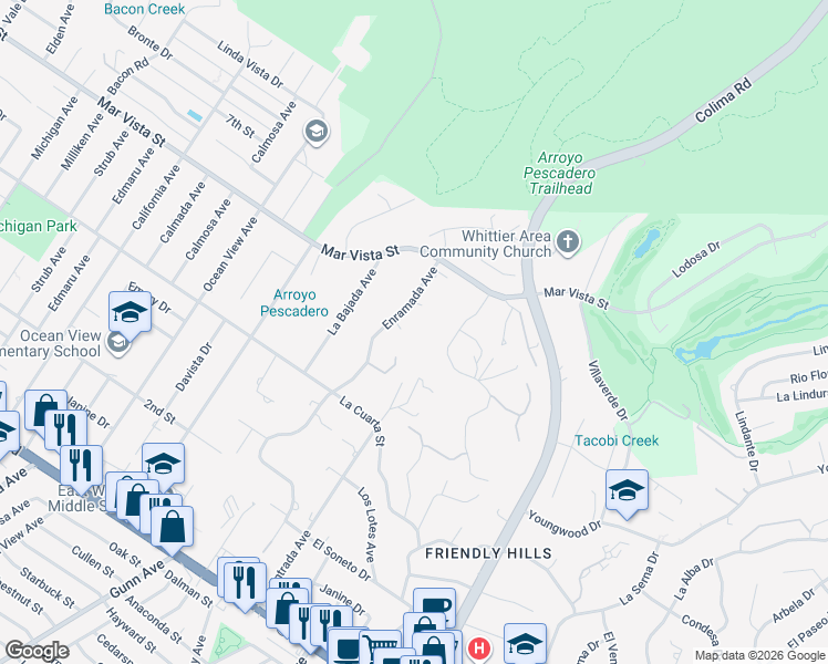 map of restaurants, bars, coffee shops, grocery stores, and more near 14865 Victor Court in Whittier