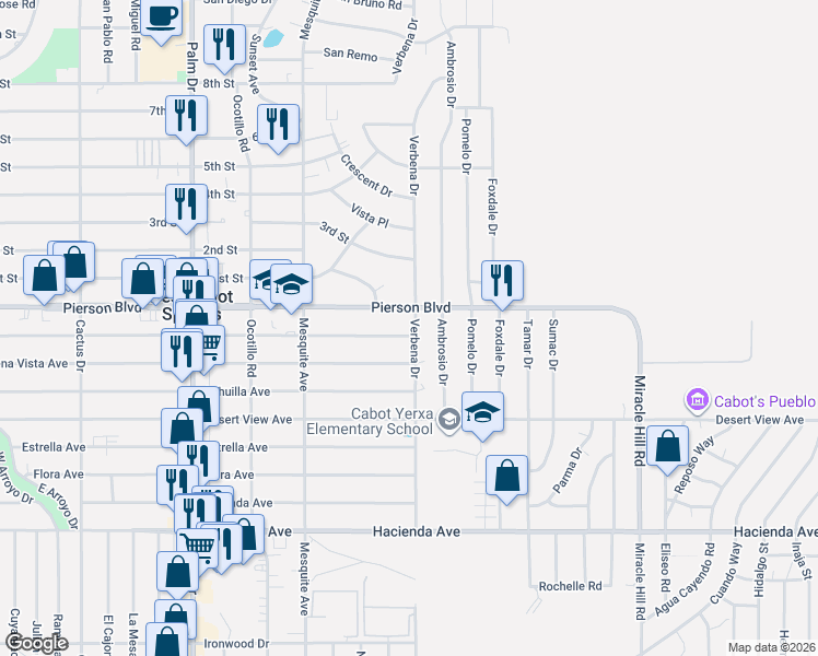 map of restaurants, bars, coffee shops, grocery stores, and more near 12105 Verbena Drive in Desert Hot Springs