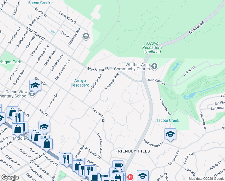 map of restaurants, bars, coffee shops, grocery stores, and more near 14865 Victor Court in Whittier