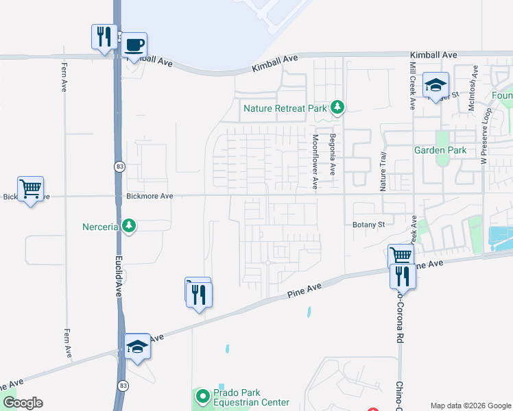 map of restaurants, bars, coffee shops, grocery stores, and more near 16145 Sandpiper Avenue in Chino