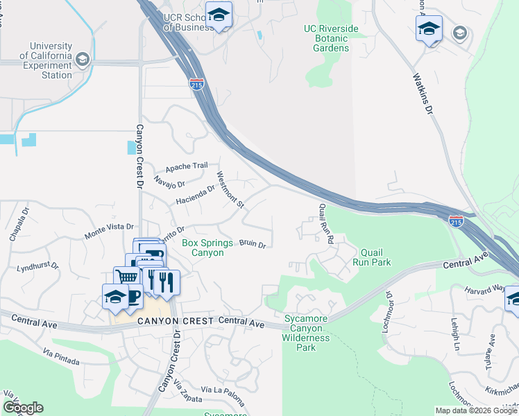 map of restaurants, bars, coffee shops, grocery stores, and more near 5033 Trojan Court in Riverside
