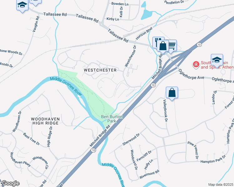 map of restaurants, bars, coffee shops, grocery stores, and more near 109 Westchester Circle in Athens
