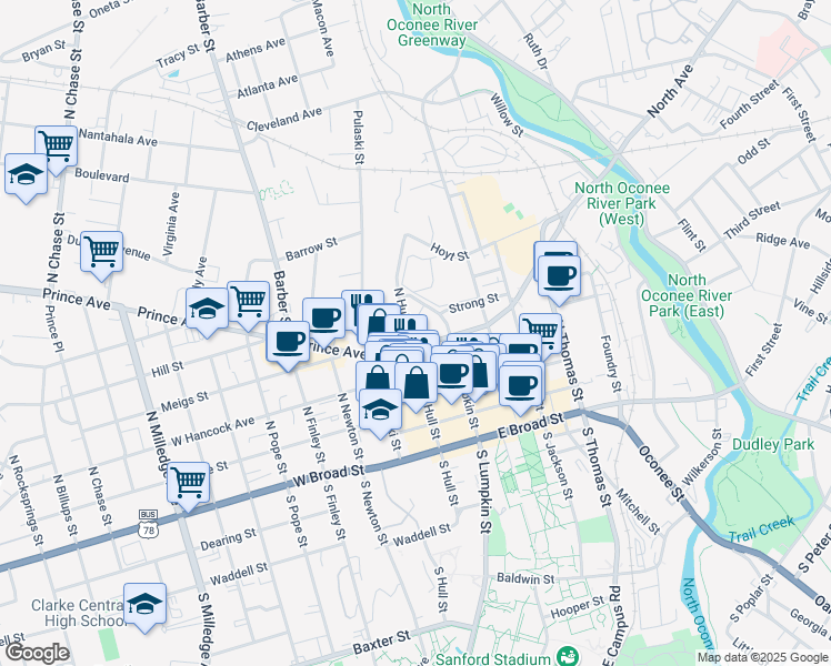 map of restaurants, bars, coffee shops, grocery stores, and more near 521 North Hull Street in Athens