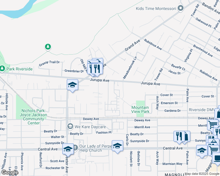 map of restaurants, bars, coffee shops, grocery stores, and more near 6090 Correll Street in Riverside