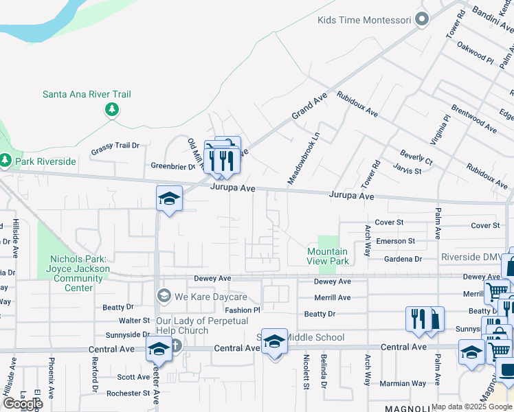map of restaurants, bars, coffee shops, grocery stores, and more near 6090 Correll Street in Riverside