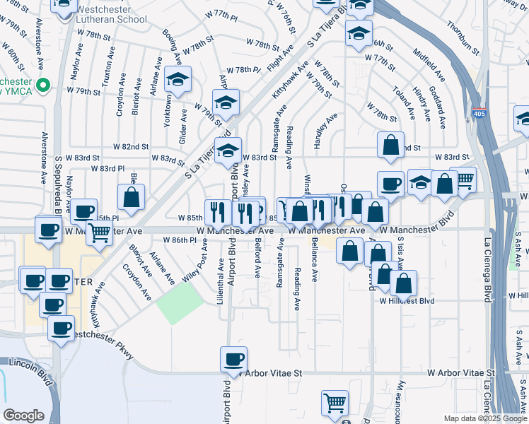 map of restaurants, bars, coffee shops, grocery stores, and more near 8512 Belford Avenue in Los Angeles