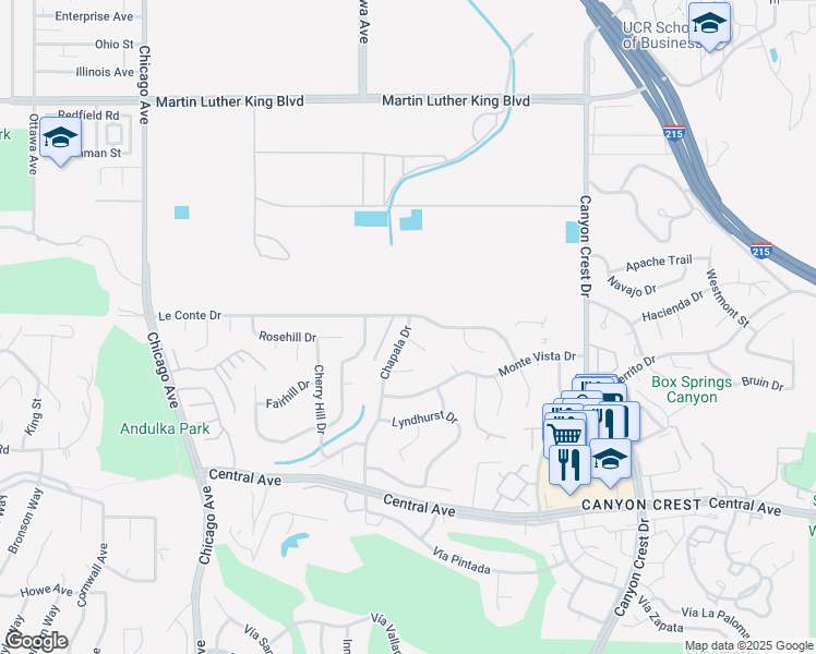 map of restaurants, bars, coffee shops, grocery stores, and more near 5175 Chapala Drive in Riverside