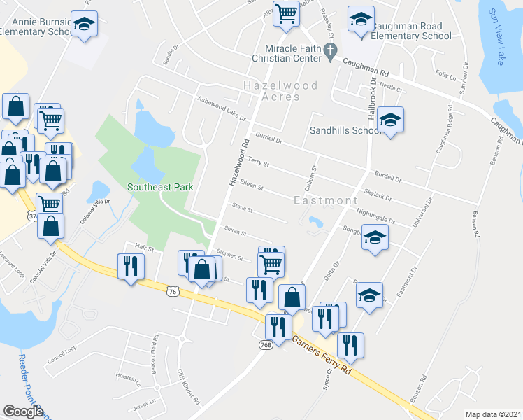 map of restaurants, bars, coffee shops, grocery stores, and more near 7601 Stone Street in Columbia
