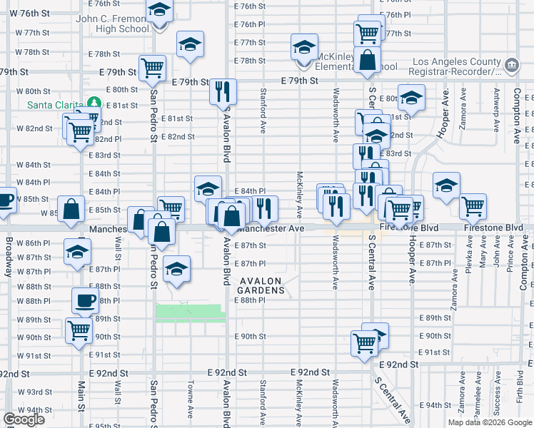 map of restaurants, bars, coffee shops, grocery stores, and more near 8463 Stanford Avenue in Los Angeles