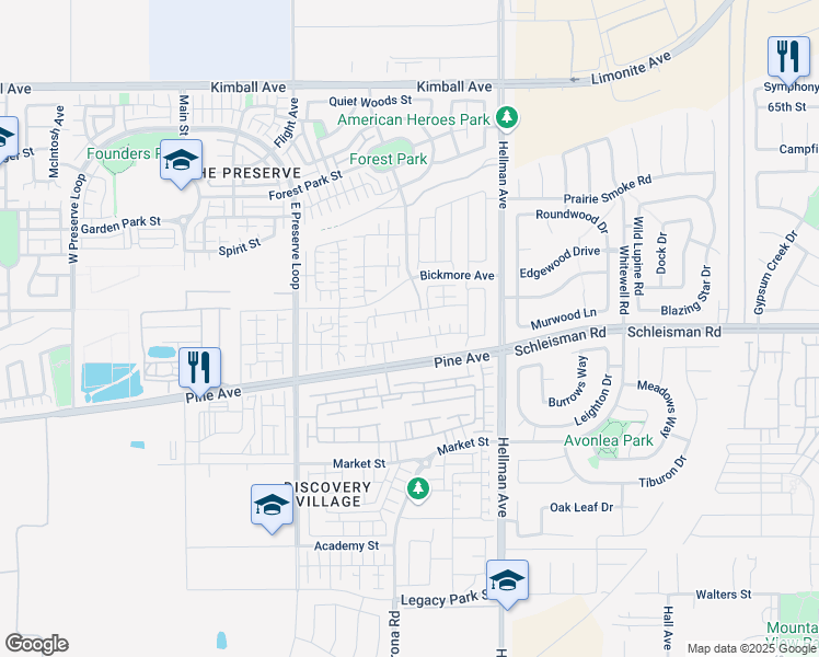 map of restaurants, bars, coffee shops, grocery stores, and more near 8708 Celebration Street in Chino
