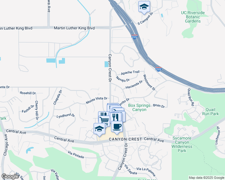 map of restaurants, bars, coffee shops, grocery stores, and more near in Riverside