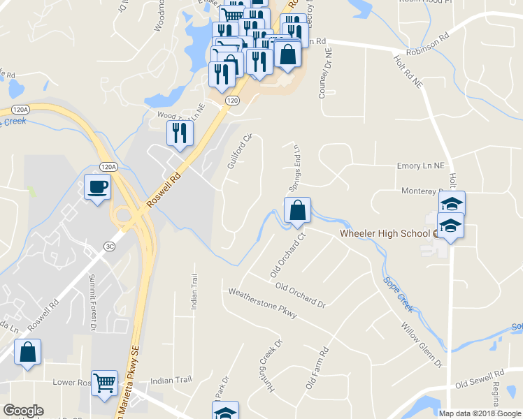 map of restaurants, bars, coffee shops, grocery stores, and more near 505 Guilford Circle in Marietta