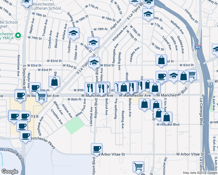 map of restaurants, bars, coffee shops, grocery stores, and more near 8512 Belford Avenue in Los Angeles