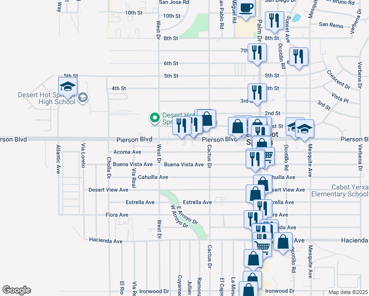 map of restaurants, bars, coffee shops, grocery stores, and more near 66121 Pierson Boulevard in Desert Hot Springs