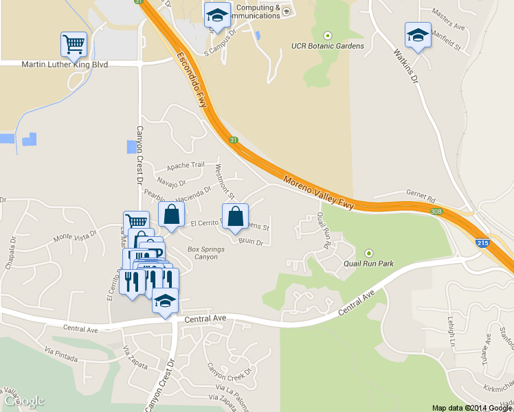 map of restaurants, bars, coffee shops, grocery stores, and more near 5033 Trojan Court in Riverside
