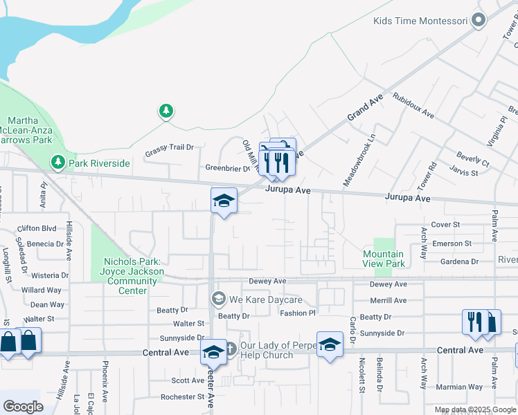 map of restaurants, bars, coffee shops, grocery stores, and more near 5172 Jurupa Avenue in Riverside