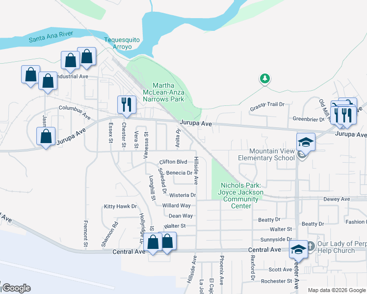 map of restaurants, bars, coffee shops, grocery stores, and more near 6038 Anita Place in Riverside
