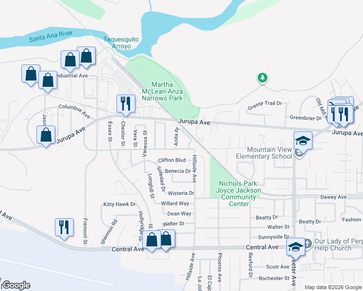 map of restaurants, bars, coffee shops, grocery stores, and more near 6038 Anita Place in Riverside