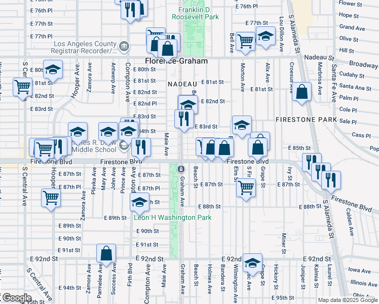 map of restaurants, bars, coffee shops, grocery stores, and more near 8407 Beach Street in Los Angeles