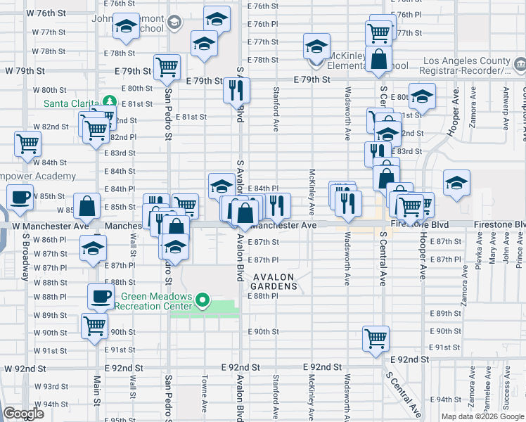 map of restaurants, bars, coffee shops, grocery stores, and more near 617 East 85th Street in Los Angeles