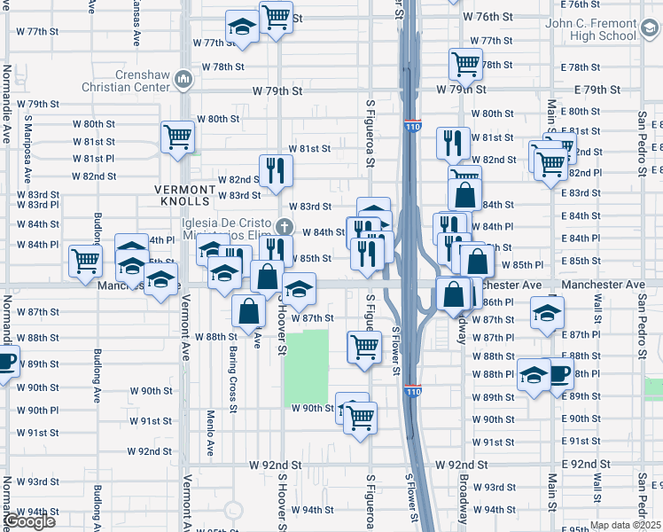 map of restaurants, bars, coffee shops, grocery stores, and more near 535 West 85th Street in Los Angeles