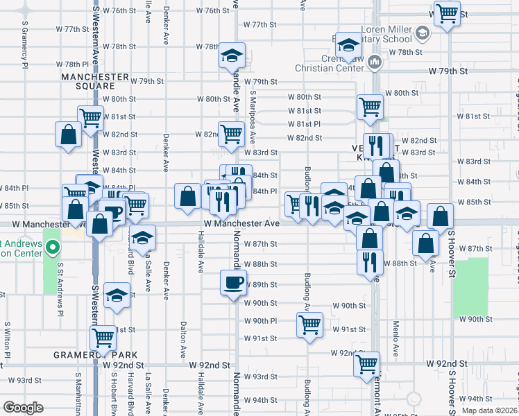 map of restaurants, bars, coffee shops, grocery stores, and more near 1320 West 84th Place in Los Angeles