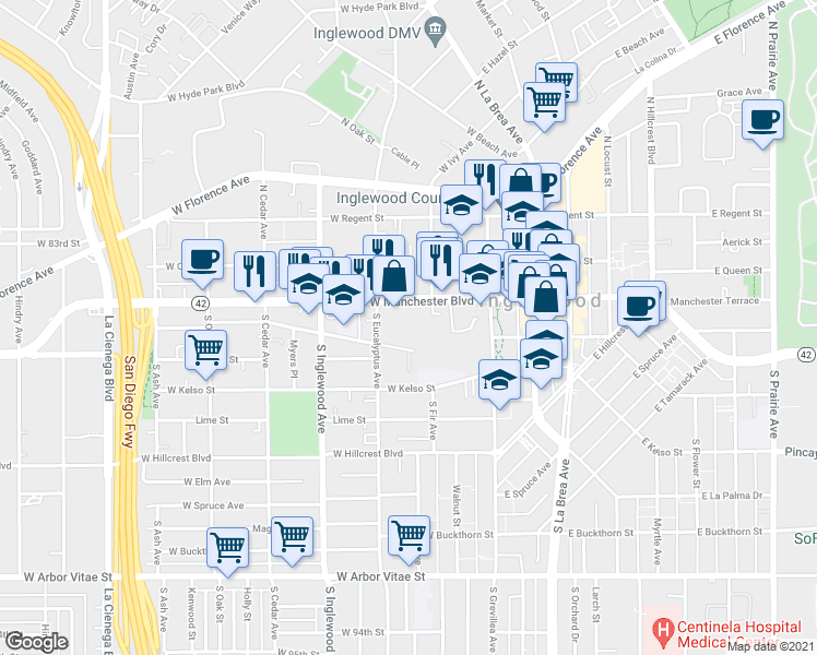 map of restaurants, bars, coffee shops, grocery stores, and more near 238 West Manchester Boulevard in Inglewood