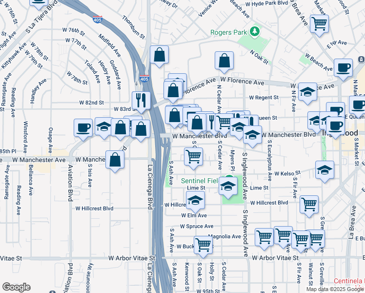 map of restaurants, bars, coffee shops, grocery stores, and more near in Inglewood