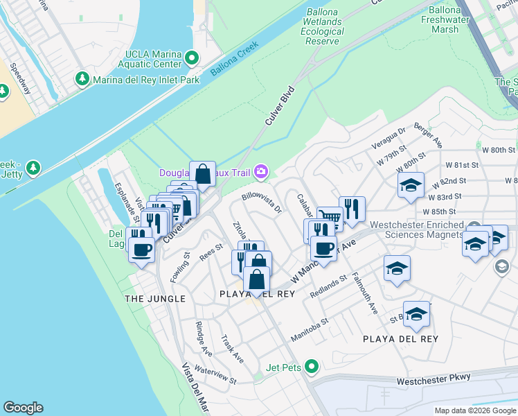 map of restaurants, bars, coffee shops, grocery stores, and more near 8260 Cabora Drive in Los Angeles