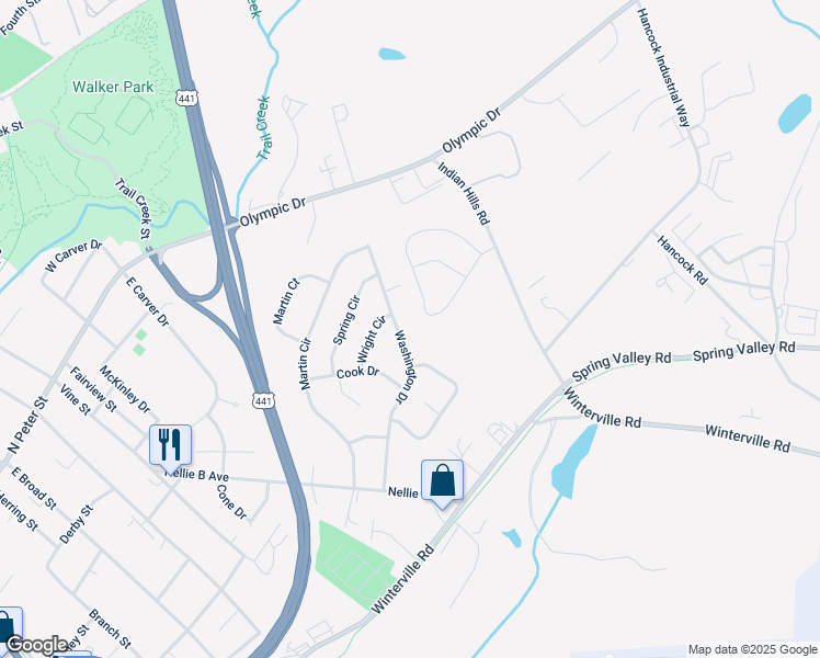 map of restaurants, bars, coffee shops, grocery stores, and more near 374 Washington Drive in Athens