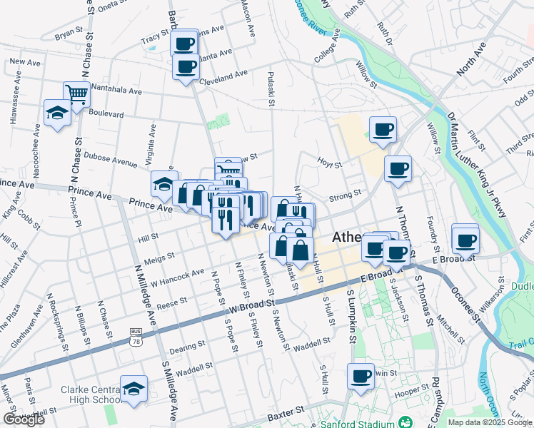 map of restaurants, bars, coffee shops, grocery stores, and more near 541 Pulaski Street in Athens
