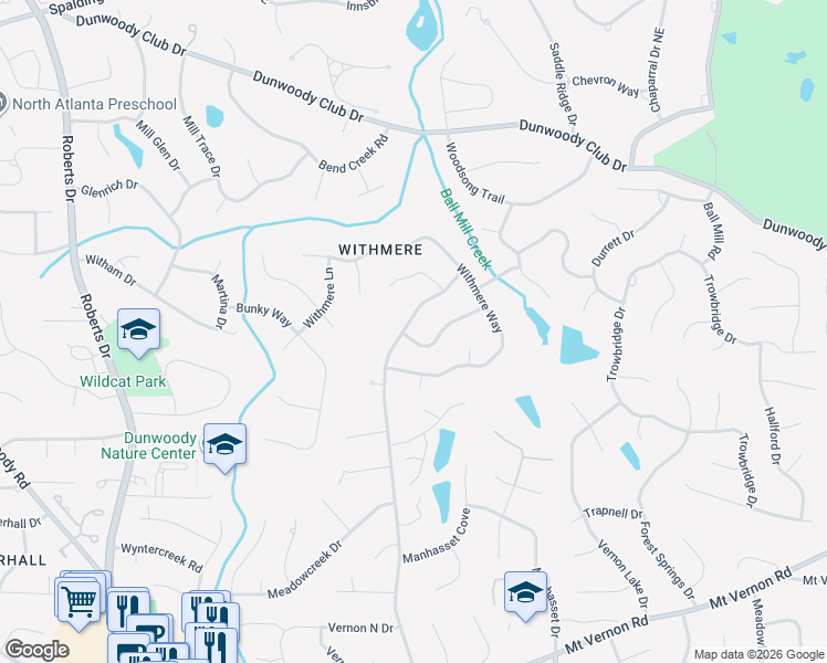 map of restaurants, bars, coffee shops, grocery stores, and more near 5482 Mount Vernon Way in Dunwoody