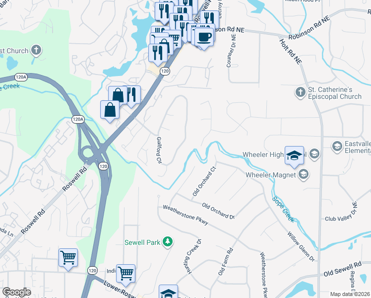 map of restaurants, bars, coffee shops, grocery stores, and more near 505 Guilford Circle in Marietta