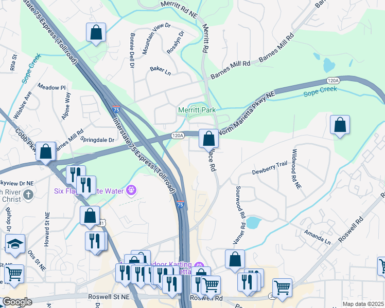 map of restaurants, bars, coffee shops, grocery stores, and more near 1234 Carolyn Street in Marietta