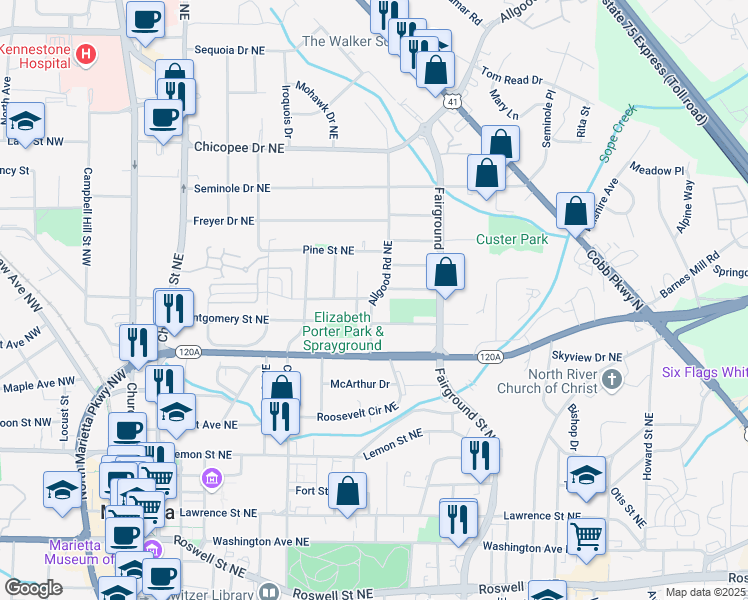 map of restaurants, bars, coffee shops, grocery stores, and more near 412 Wellons Avenue Northeast in Marietta