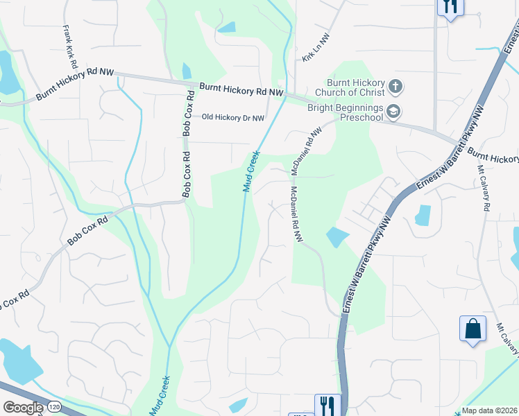 map of restaurants, bars, coffee shops, grocery stores, and more near 311 Peacock Drive Northwest in Marietta