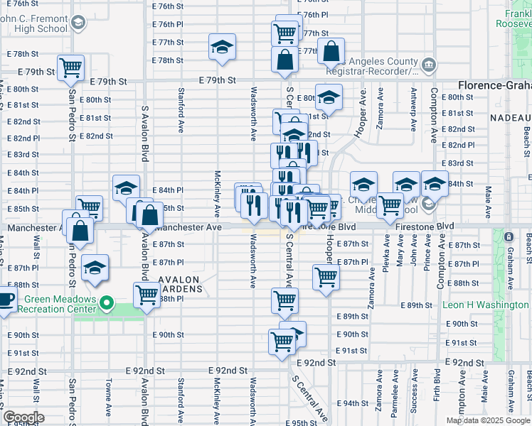 map of restaurants, bars, coffee shops, grocery stores, and more near 8466 Wadsworth Avenue in Los Angeles