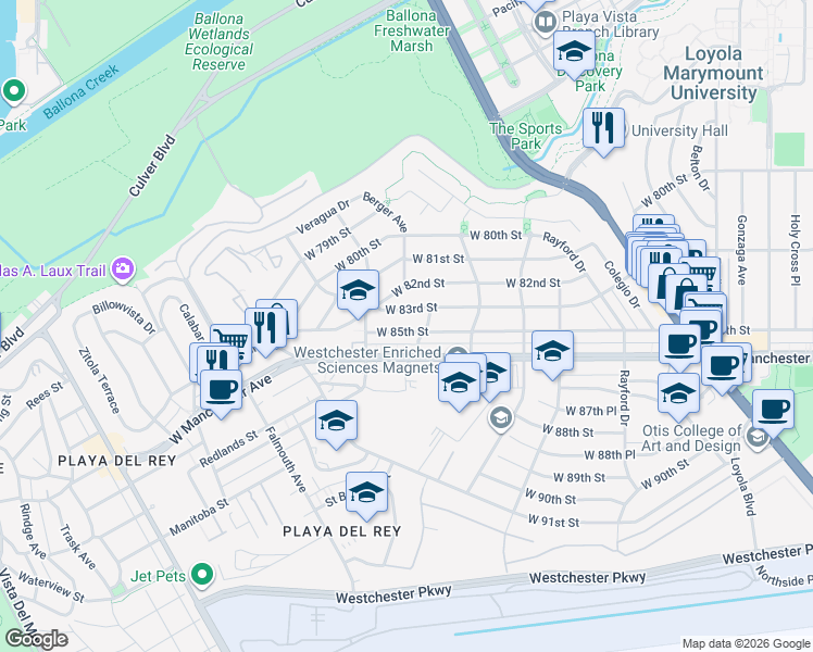 map of restaurants, bars, coffee shops, grocery stores, and more near 7625 West 83rd Street in Los Angeles