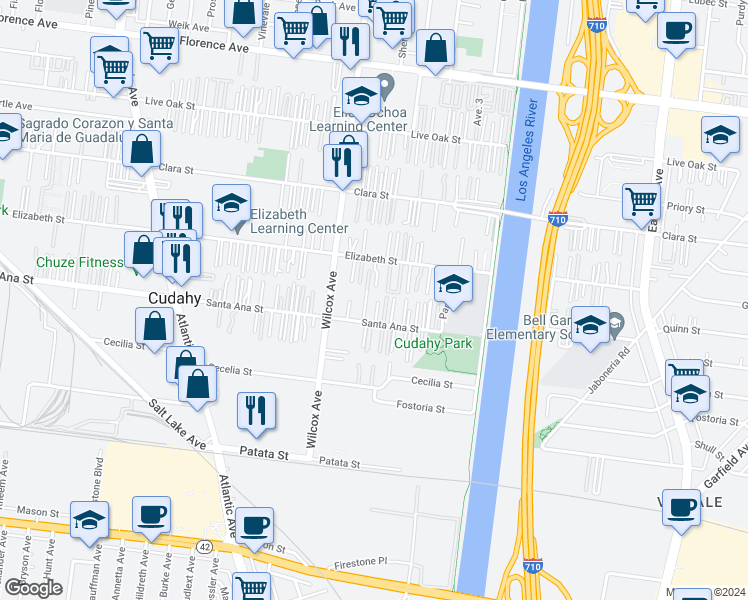 map of restaurants, bars, coffee shops, grocery stores, and more near 8010 Alamo Avenue in Bell Gardens
