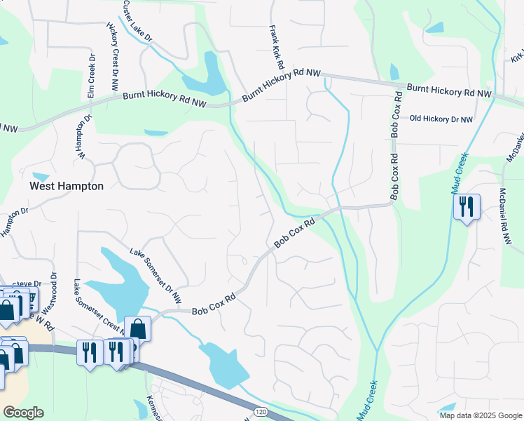 map of restaurants, bars, coffee shops, grocery stores, and more near 3004 Westray Court Northwest in Marietta