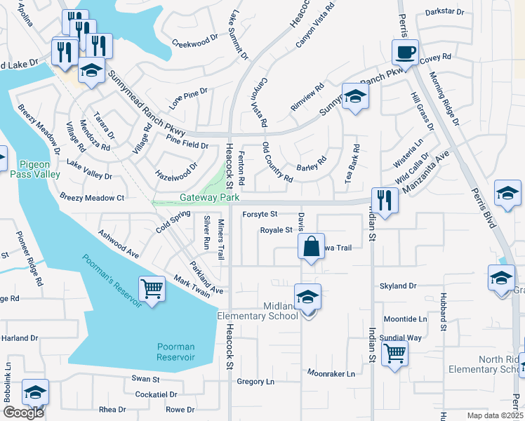 map of restaurants, bars, coffee shops, grocery stores, and more near 24118 Forsyte Street in Moreno Valley