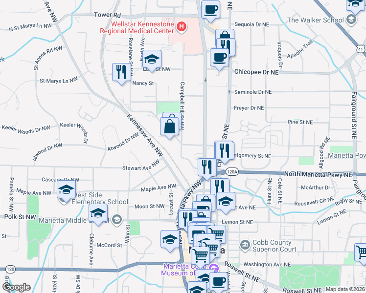 map of restaurants, bars, coffee shops, grocery stores, and more near 356 Campbell Hill Street Northwest in Marietta