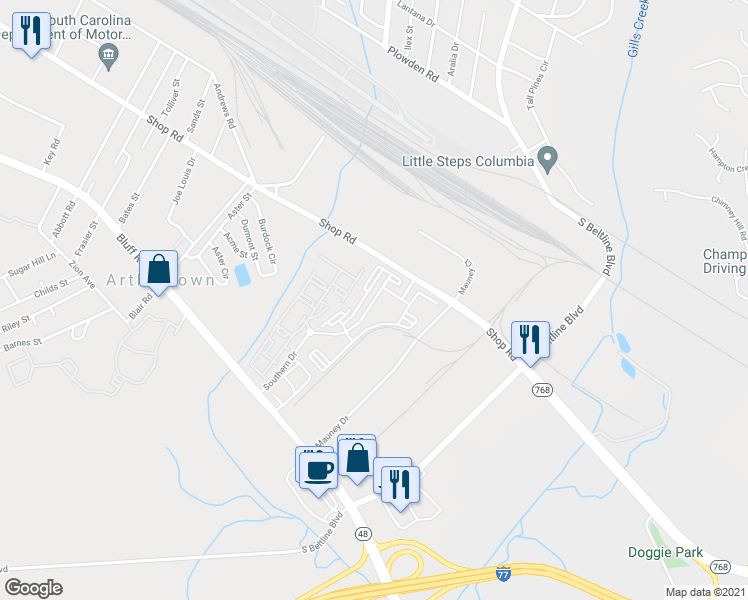 map of restaurants, bars, coffee shops, grocery stores, and more near 1050 Southern Drive in Columbia