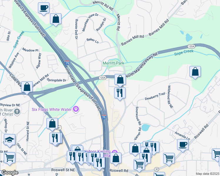 map of restaurants, bars, coffee shops, grocery stores, and more near 1234 Carolyn Street in Marietta