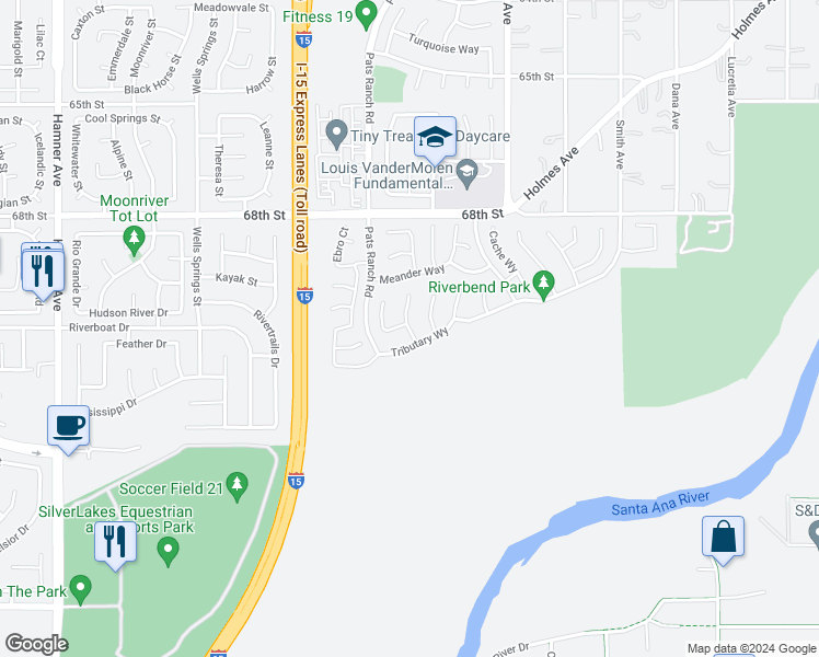 map of restaurants, bars, coffee shops, grocery stores, and more near 6983 Ellicott Court in Jurupa Valley